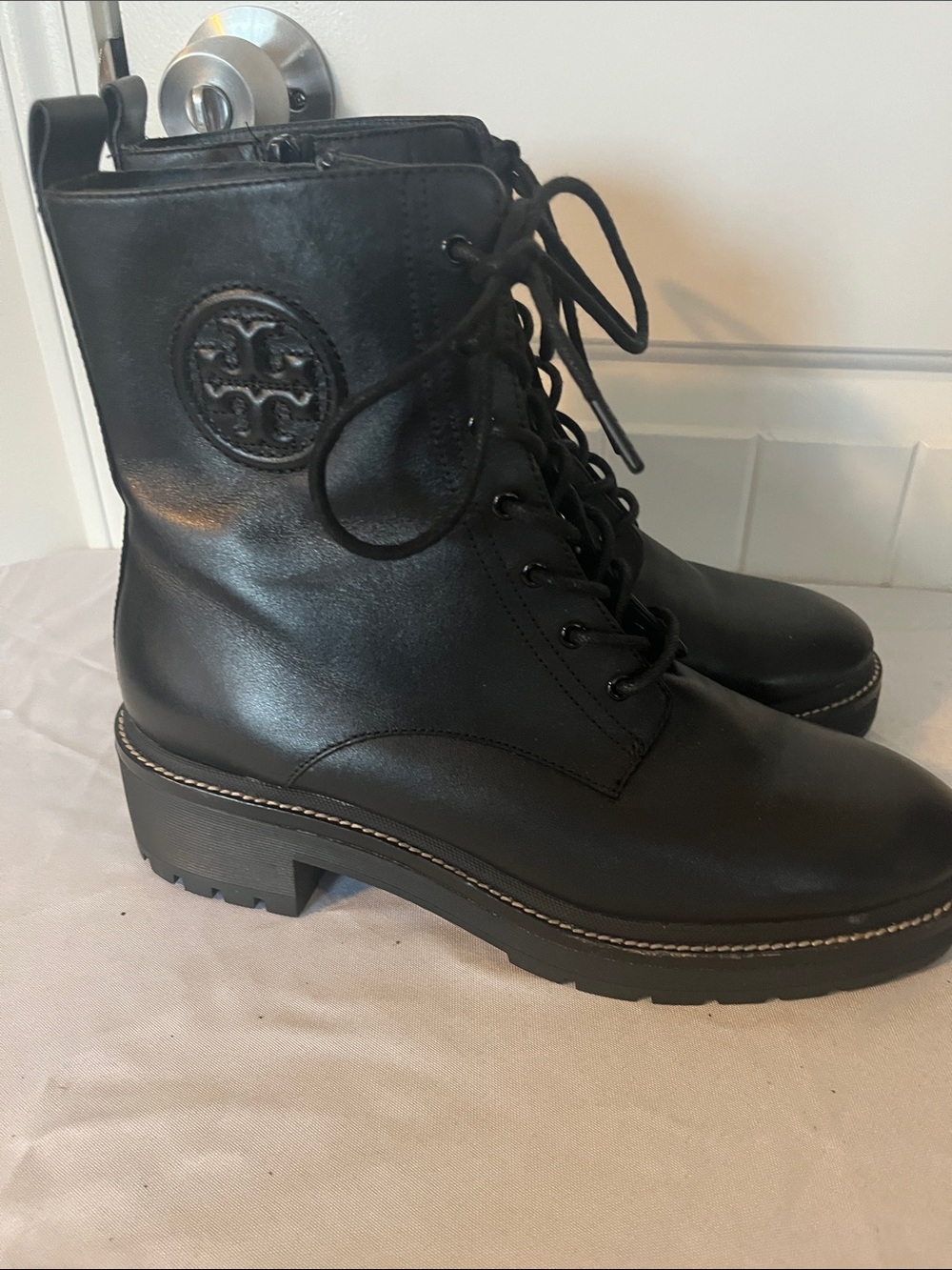 Tory Burch Black Leather Lace-Up Platform Combat Boots
